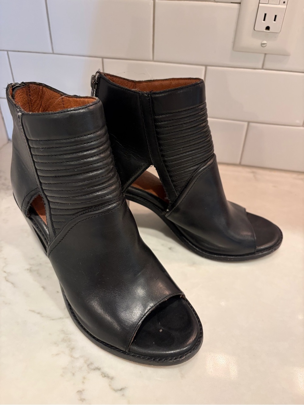Frye Black Peep-Toe Leather Ankle Booties - Women